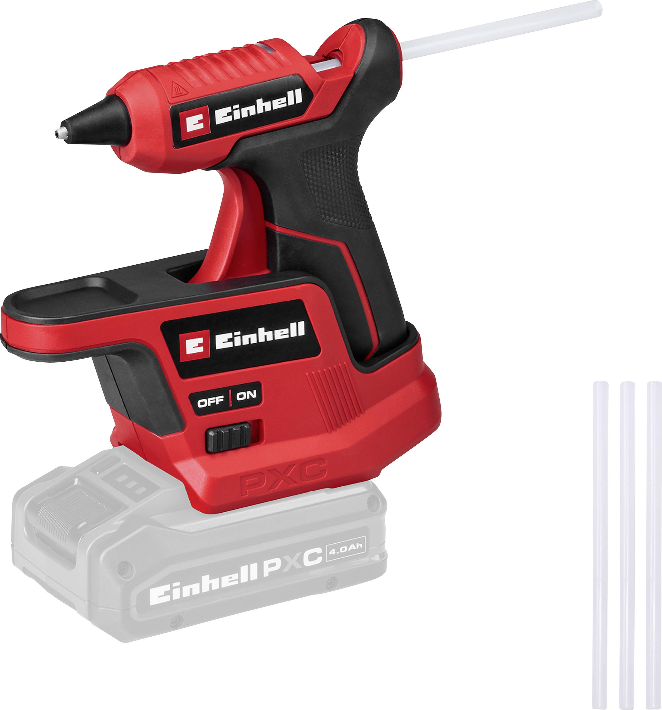 Rote und schwarze kabellose Klebepistole von Einhell mit eingesetztem Klebestift, die auf einer Batteriebasis sitzt, mit drei zusätzlichen Klebestiften daneben.