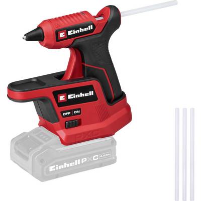 Rote und schwarze kabellose Klebepistole von Einhell mit eingesetztem Klebestift, die auf einer Batteriebasis sitzt, mit drei zusätzlichen Klebestiften daneben.