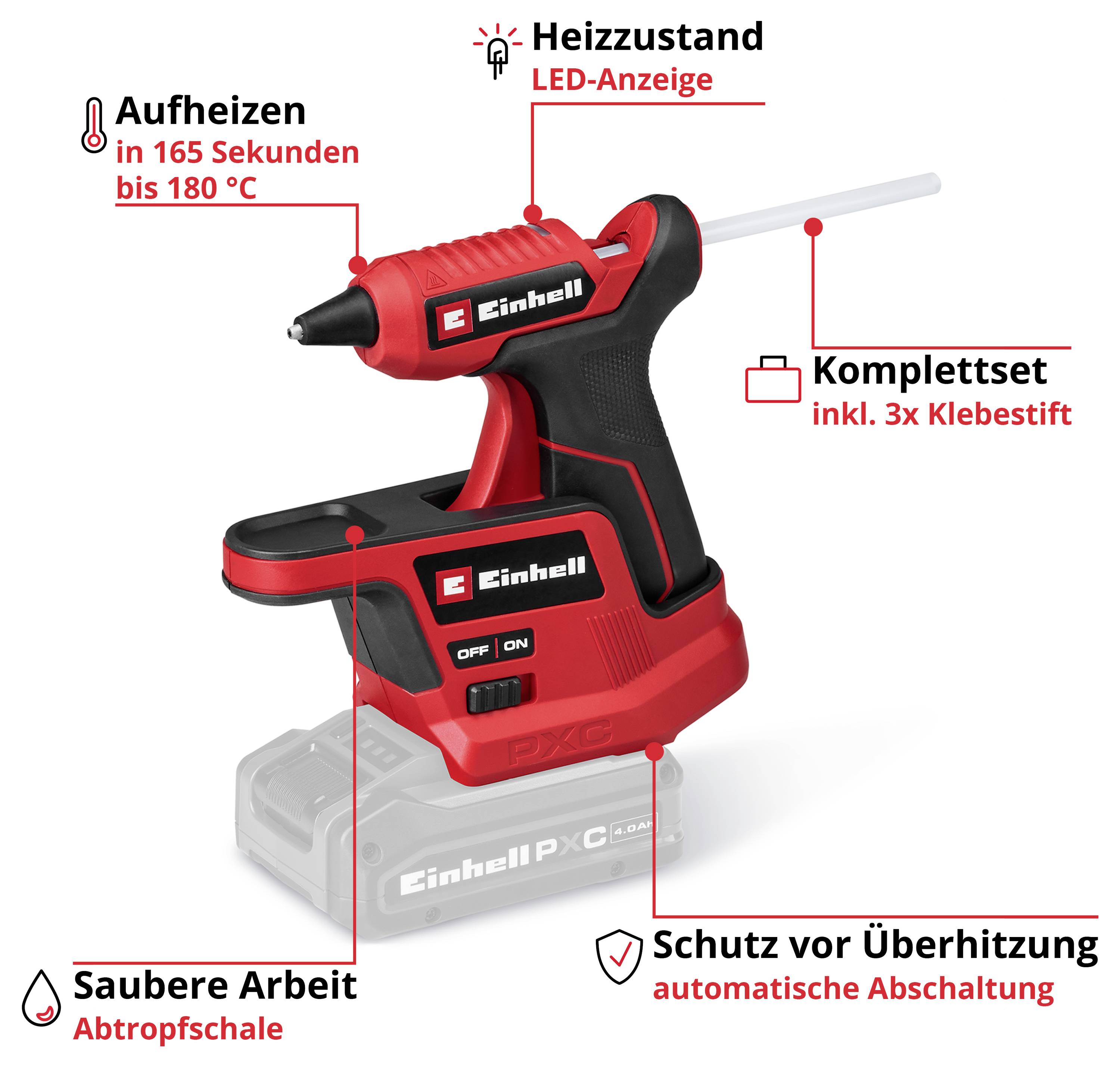 Einhell Akku-Heißklebepistole mit Ladestation; heizt in 165 Sekunden auf 180 °C, LED-Anzeige, Komplettset mit 3 Klebestiften, Überhitzungsschutz und Abtropfschale.