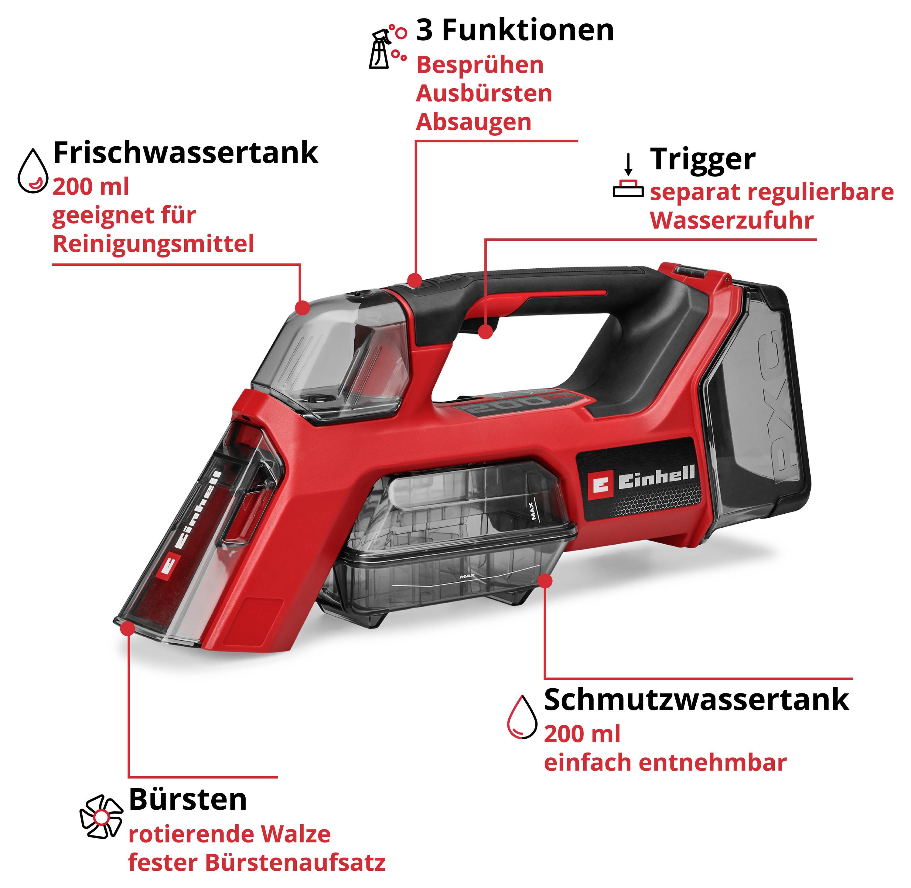 Handheld-Reinigungsgerät mit 3 Funktionen: Besprühen, Ausbürsten, Absaugen; Frisch- und Schmutzwassertank je 200 ml, separat regulierbare Wasserzufuhr, rotierende Bürste.