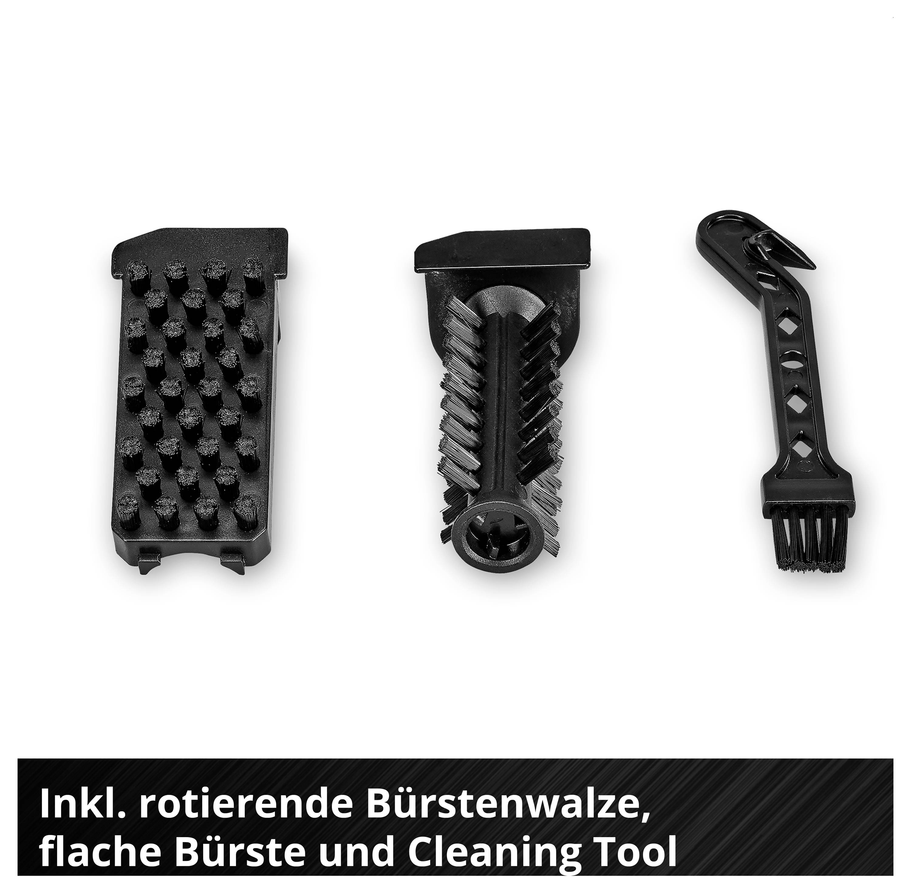 Drei schwarze Reinigungsaufsätze: rotierende Bürstenwalze, flache Bürste und Cleaning-Tool; darunter der Text 'Inkl. rotierende Bürstenwalze, flache Bürste und Cleaning Tool'.<br>