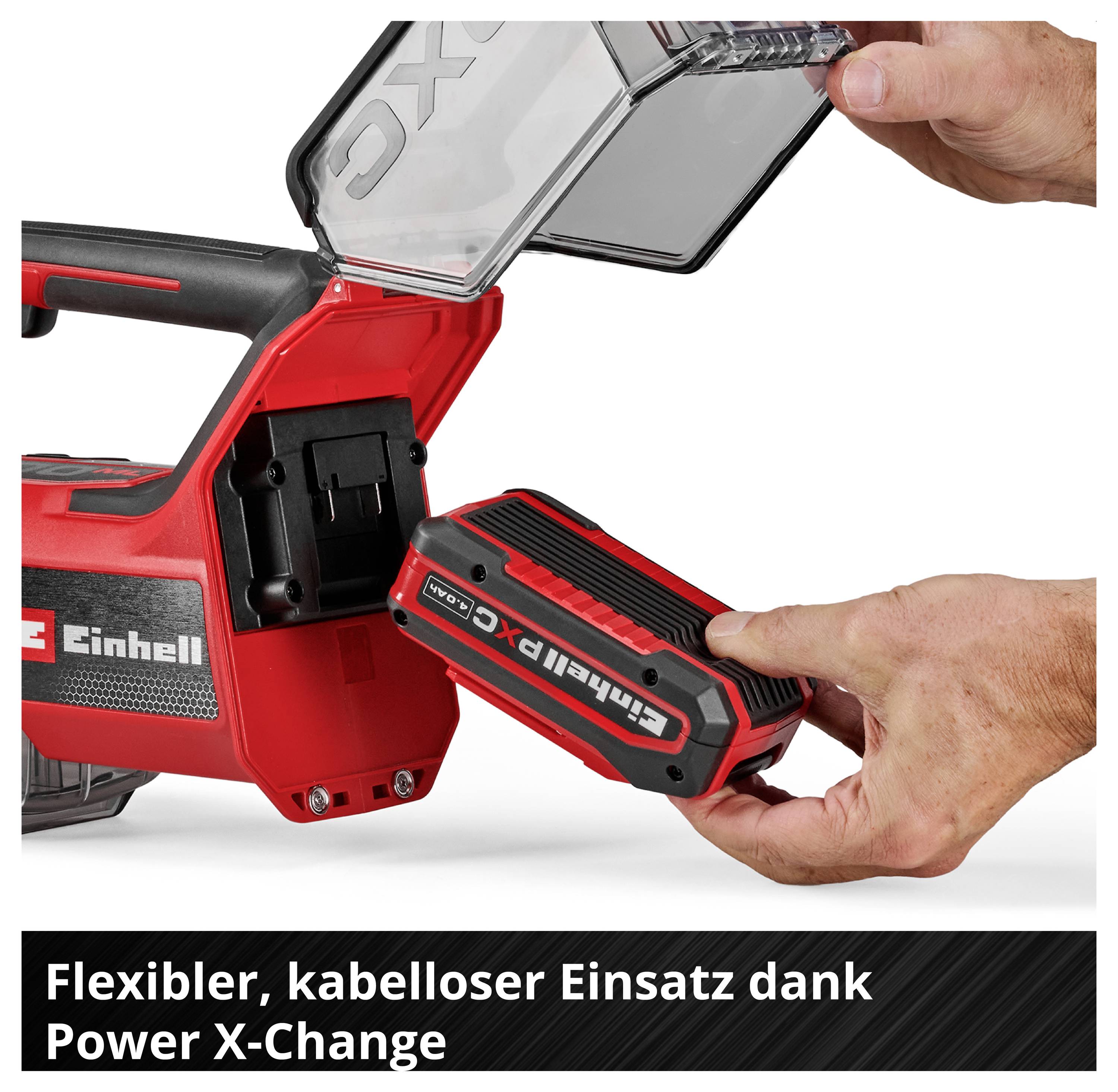 Akkupack wird in ein rotes Einhell Power X-Change-Gerät eingesetzt; unten steht 'Flexibler, kabelloser Einsatz dank Power X-Change'.