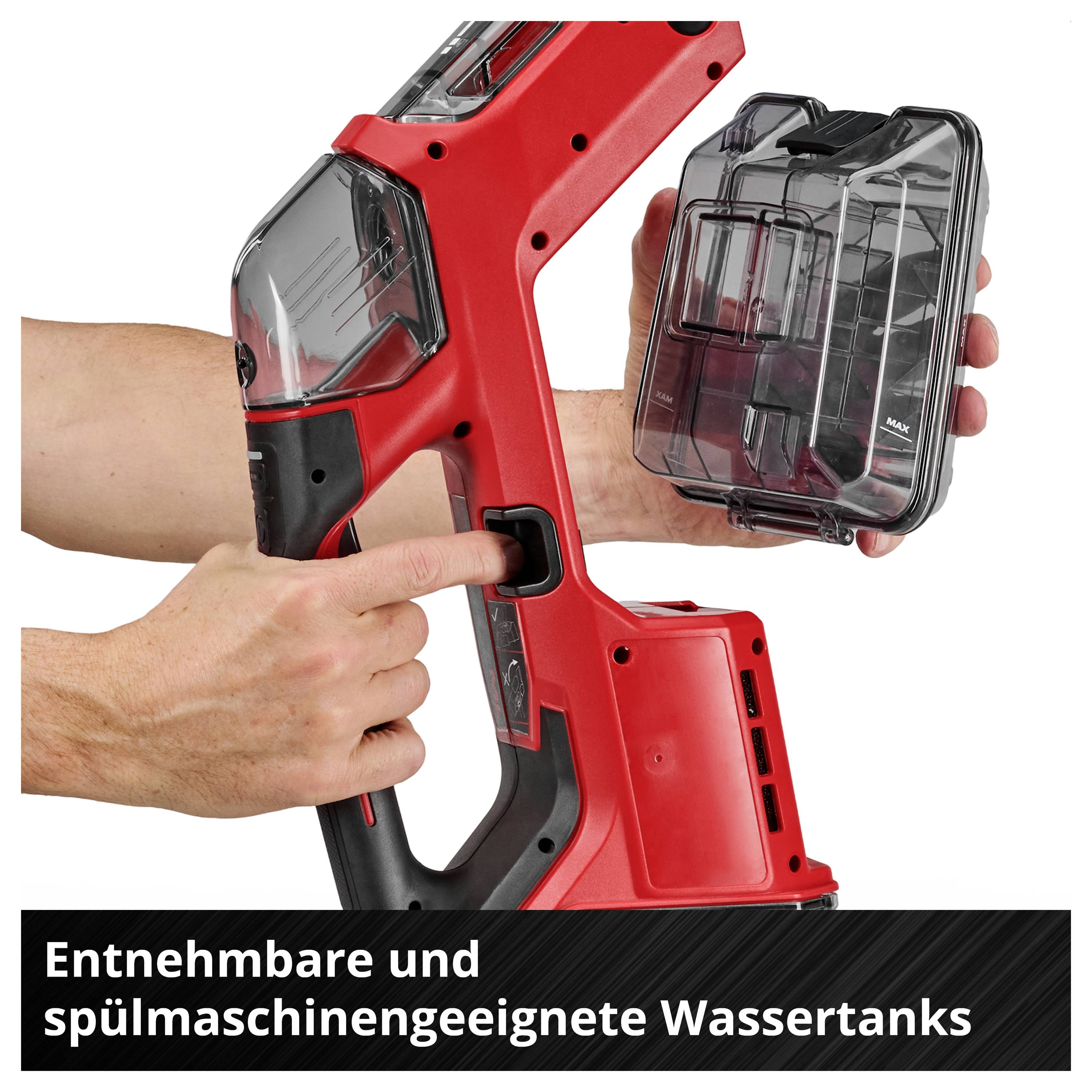 Rote Handstaubsauger-Ansicht mit abnehmbarem Wassertank; Text: 'Entnehmbare und spülmaschineneignete Wassertanks'<br>