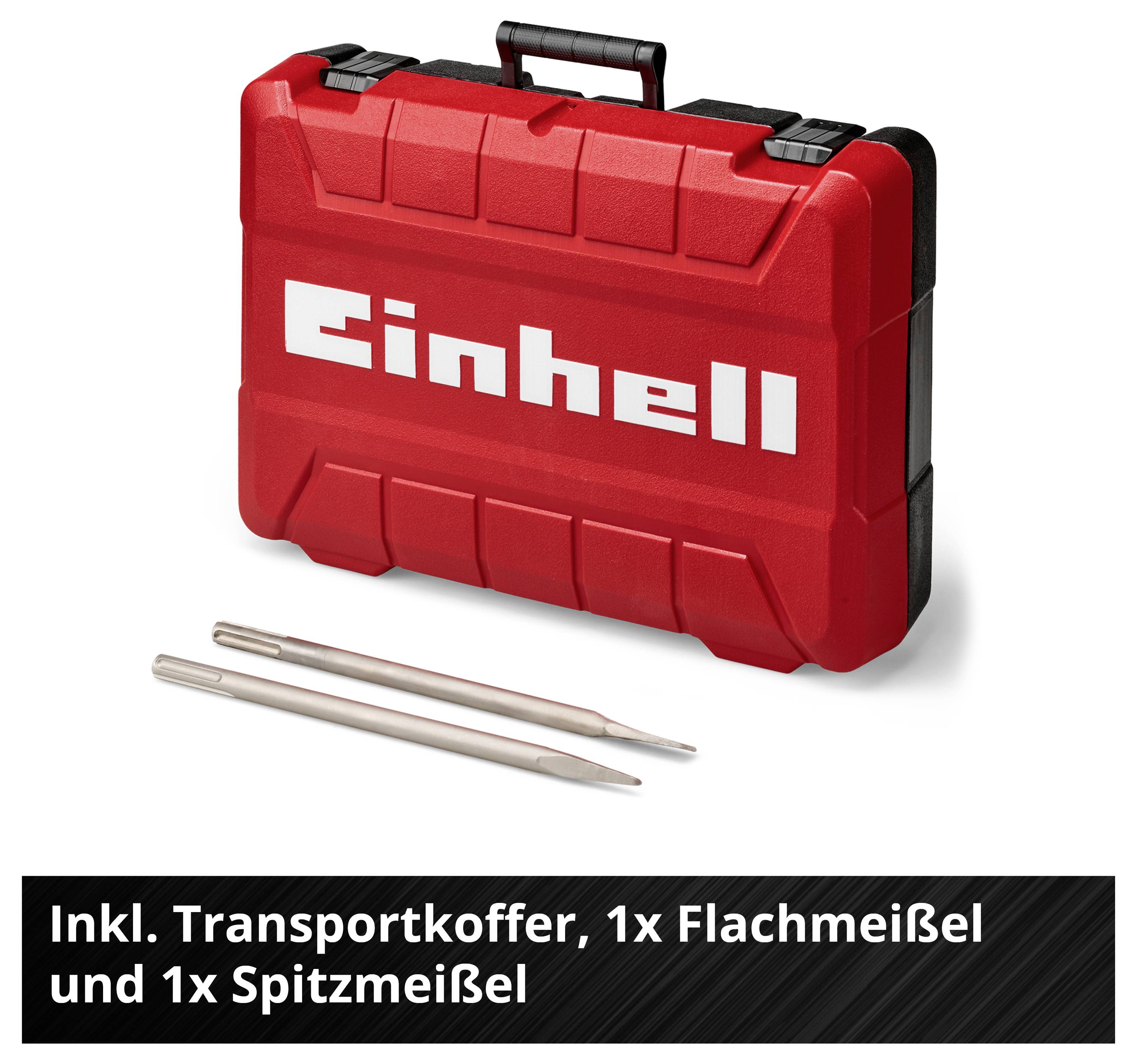 Rotes Einhell-Transportkoffer-Set mit Flachmeißel und Spitzmeißel; unten steht 'Inkl. Transportkoffer, 1x Flachmeißel und 1x Spitzmeißel'.