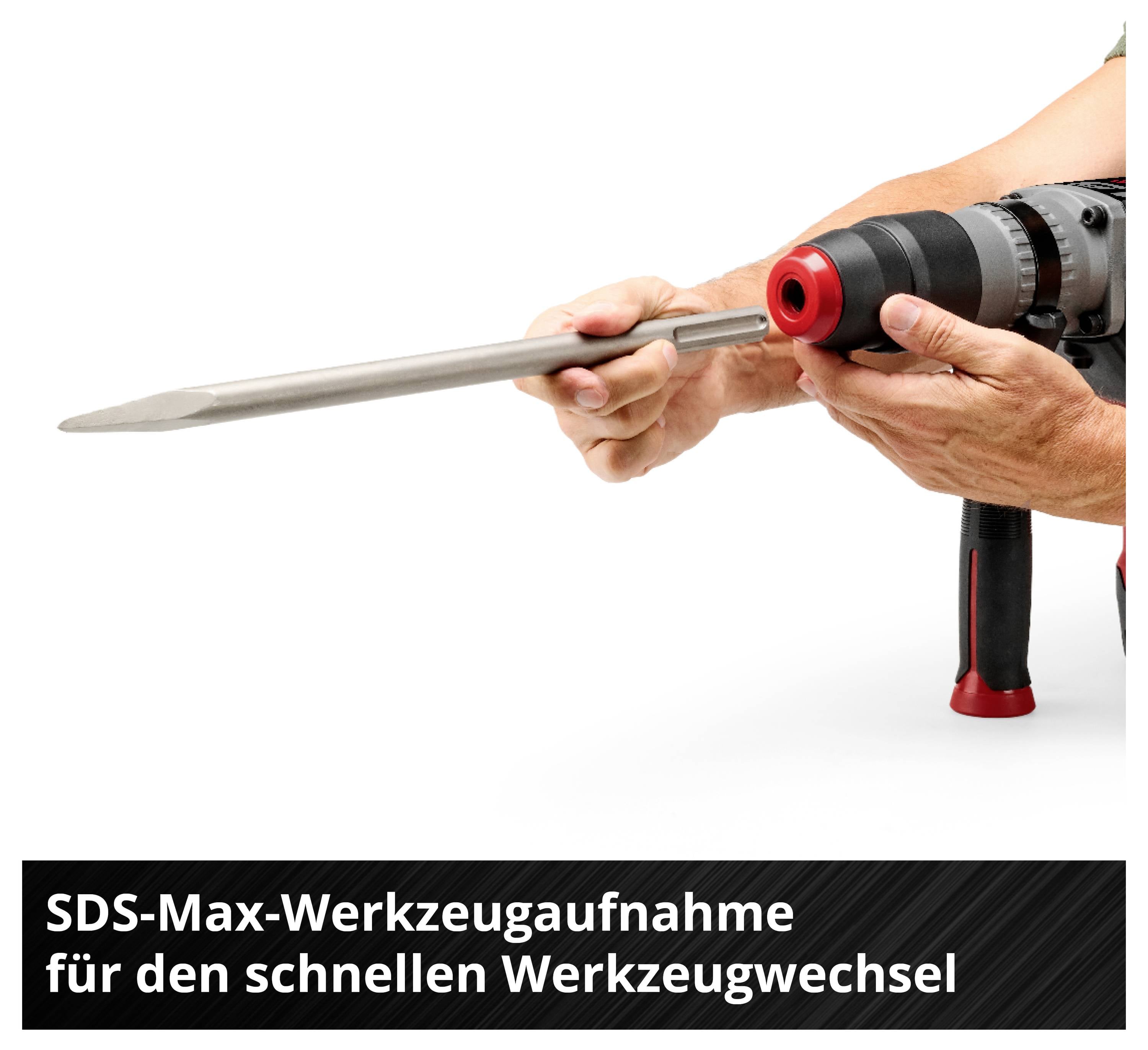 Hände wechseln einen langen Meißel in einer SDS-Max-Werkzeugaufnahme; unten steht: 'SDS-Max-Werkzeugaufnahme für den schnellen Werkzeugwechsel'.