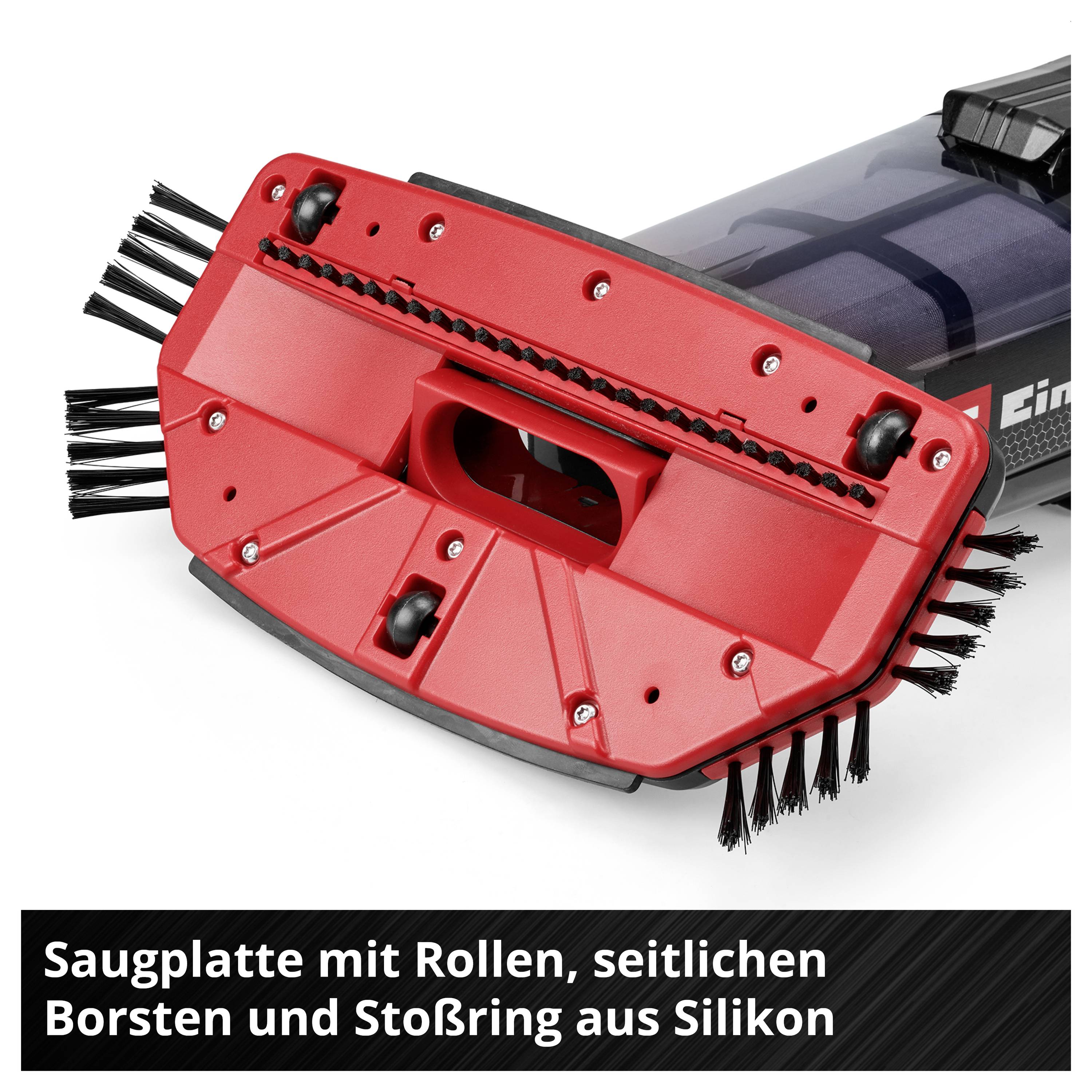 Nahaufnahme des Bodensaugers mit roter Saugplatte, seitlichen Bürsten und Silikon-Stoßring; Text nennt 'Saugplatte mit Rollen, seitlichen Borsten und Stoßring aus Silikon'.