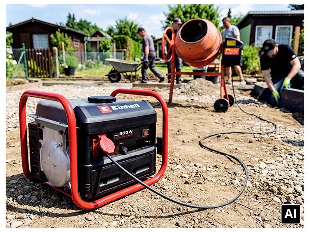 Tragbarer Einhell-Generator betreibt eine Betonmischmaschine auf einer Außenbaustelle, während Arbeiter im Hintergrund Baumaterialien handhaben.