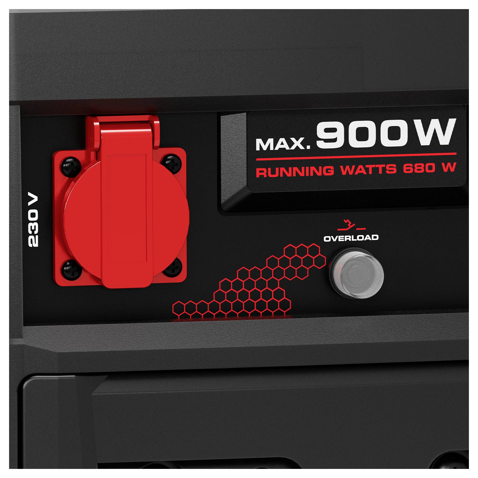Nahaufnahme einer Generatorsteuertafel mit einer roten 230V-Steckdose, Bezeichnungen „MAX. 900W" und „LAUFENDE WATT 680 W" sowie einer Überlastanzeigeleuchte.