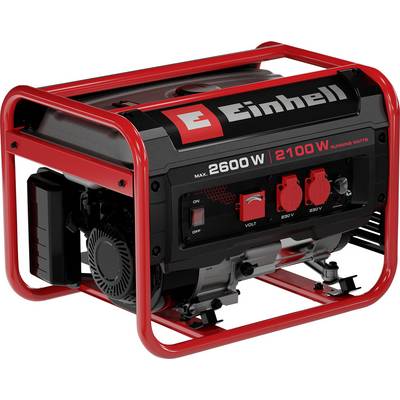 Tragbarer rot-schwarzer Einhell-Benzingenerator mit Metallrahmen, mit einer Beschriftung von 2600 W Maximalleistung und 2100 W Nennleistung, mit Steuersteckdosen und Schalterpanel.