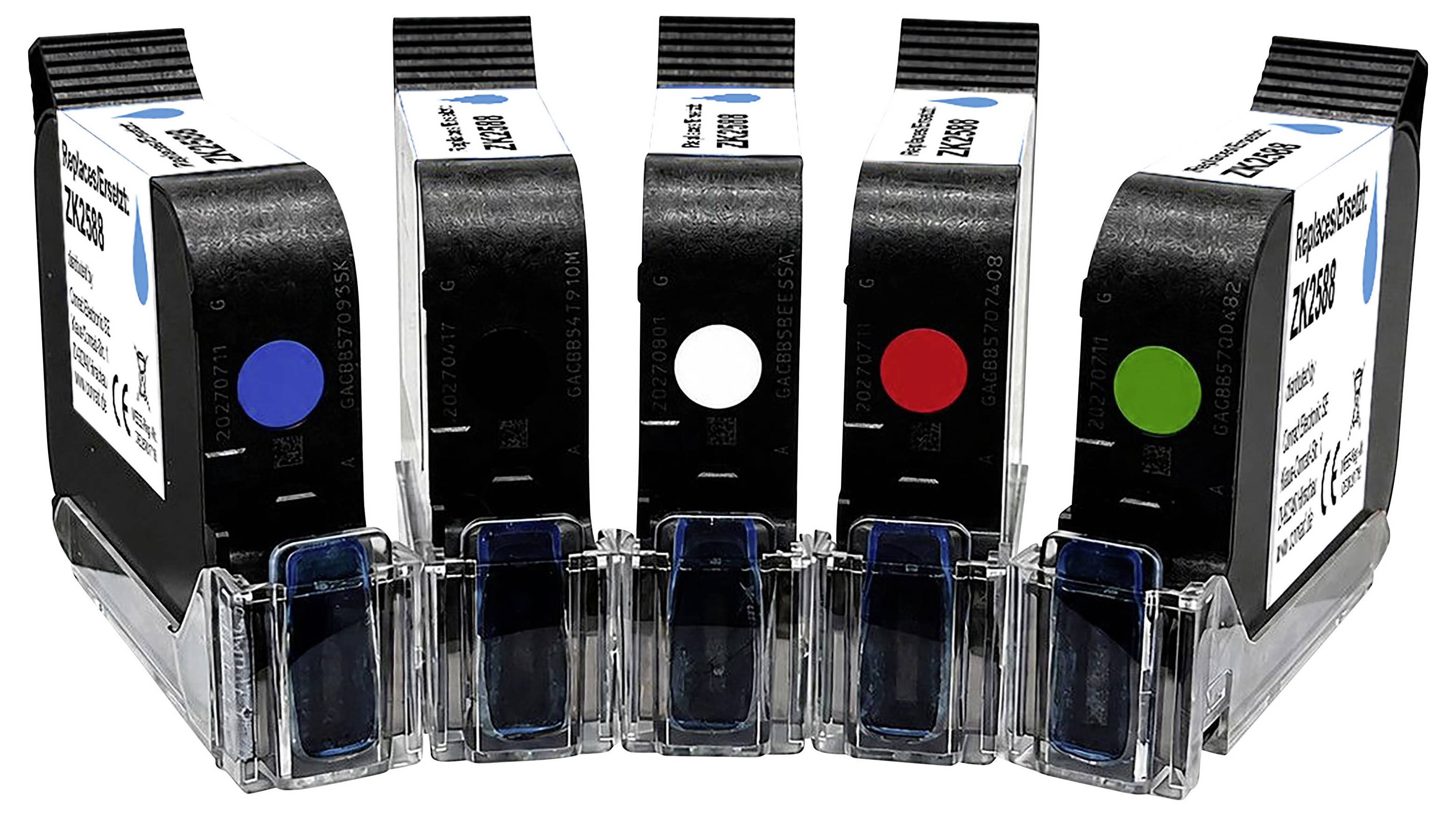 Fünf Tintenpatronen in einem durchsichtigen Kunststoffhalter, beschriftet mit Schwarz, Cyan, Magenta, Gelb und Grün, dargestellt in einer Einzelhandelverpackung.