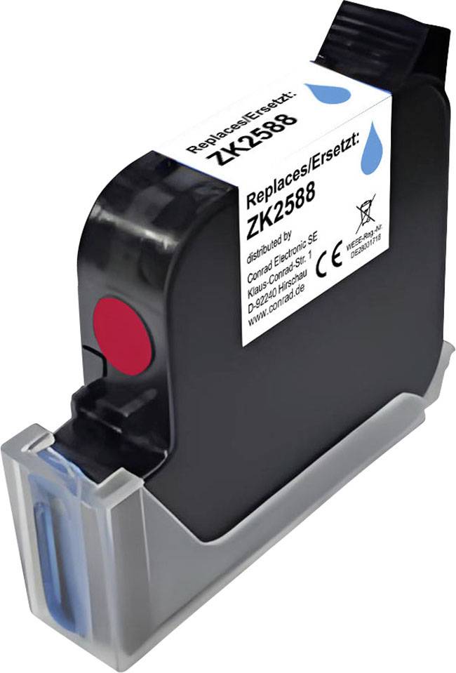 Schwarze Austausch-Tintenpatrone mit der Bezeichnung „Replaces/Ersetzt: ZK2588" mit roter Kappe, gezeigt in einem durchsichtigen Kunststoffbehälter.