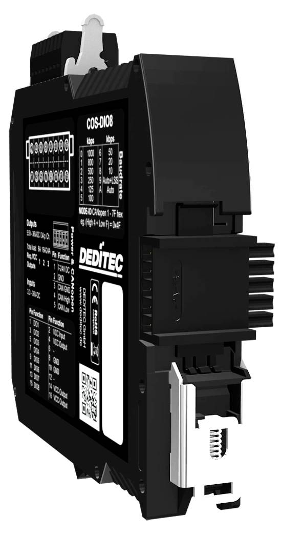 Schwarzes industrielles elektronisches Modul mit Klemmleisten und Seitenverbinder, gekennzeichnet mit "DEDTEC" und "COS-D008", vor weißem Hintergrund dargestellt.