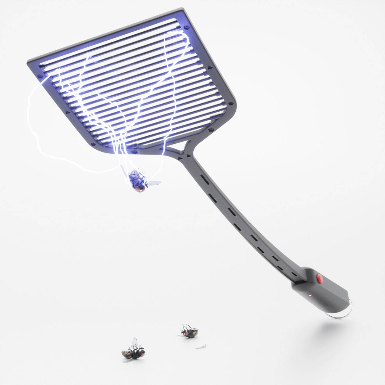Elektrische Fliegenklatsche zapping eine Fliege, mit Insekten darunter auf einem einfachen weißen Hintergrund.