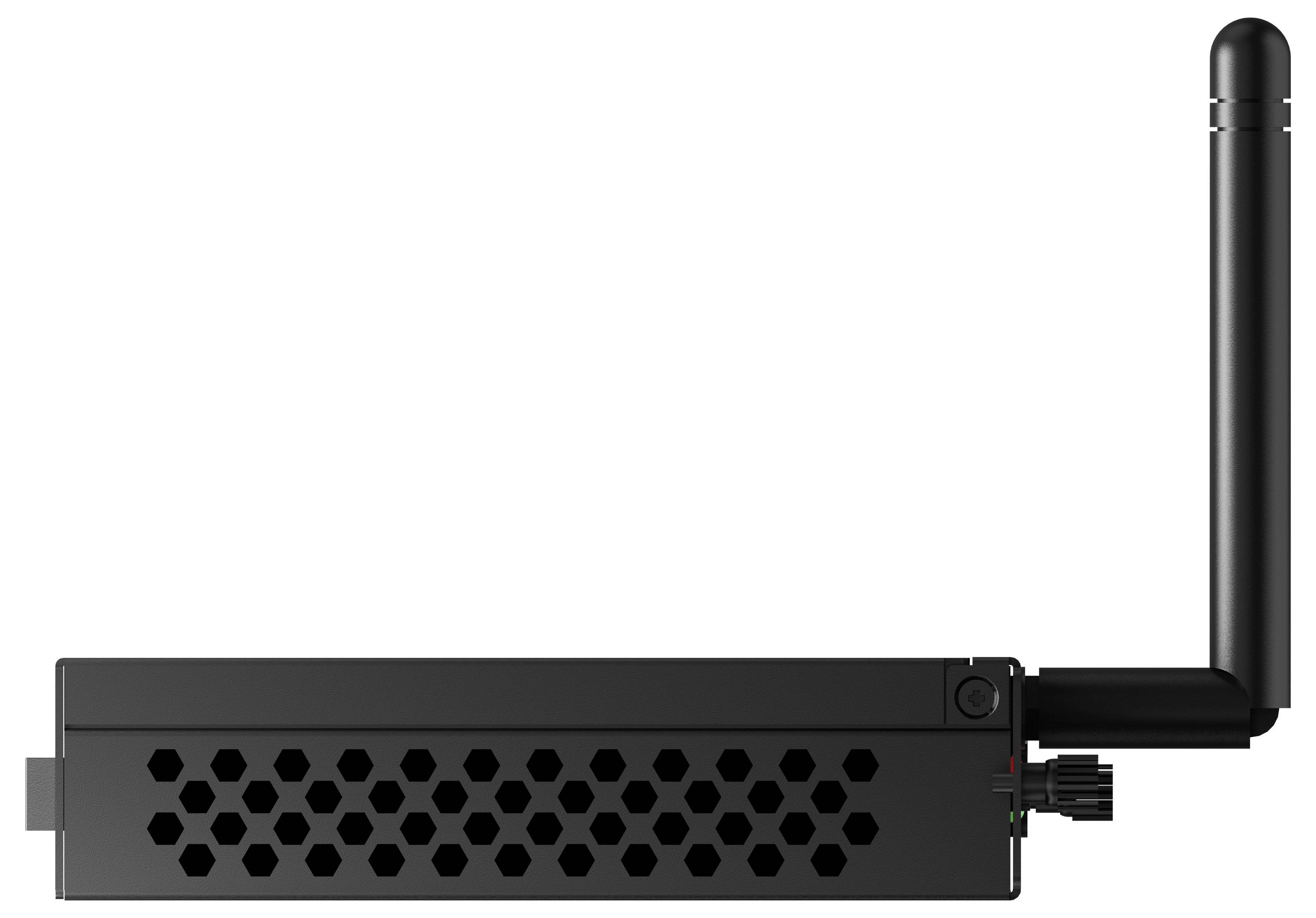 Schwarzer USB-Wi-Fi-Adapter mit einer langen vertikalen Antenne und sechseckigen Belüftungslöchern auf weißem Hintergrund