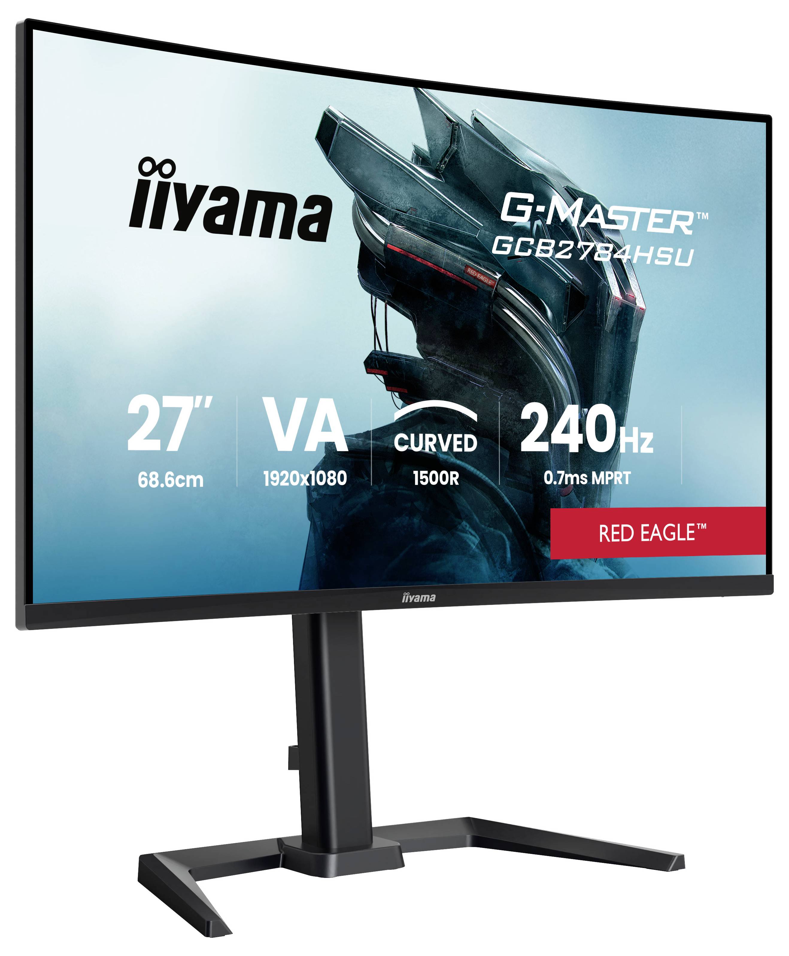Iiyama G-Master curved gaming monitor auf Ständer, zeigt 27-Zoll-VA-Display, 1920x1080-Auflösung, 1500R-Kurve, 240-Hz-Bildwiederholfrequenz und „Red Eagle"-Branding.