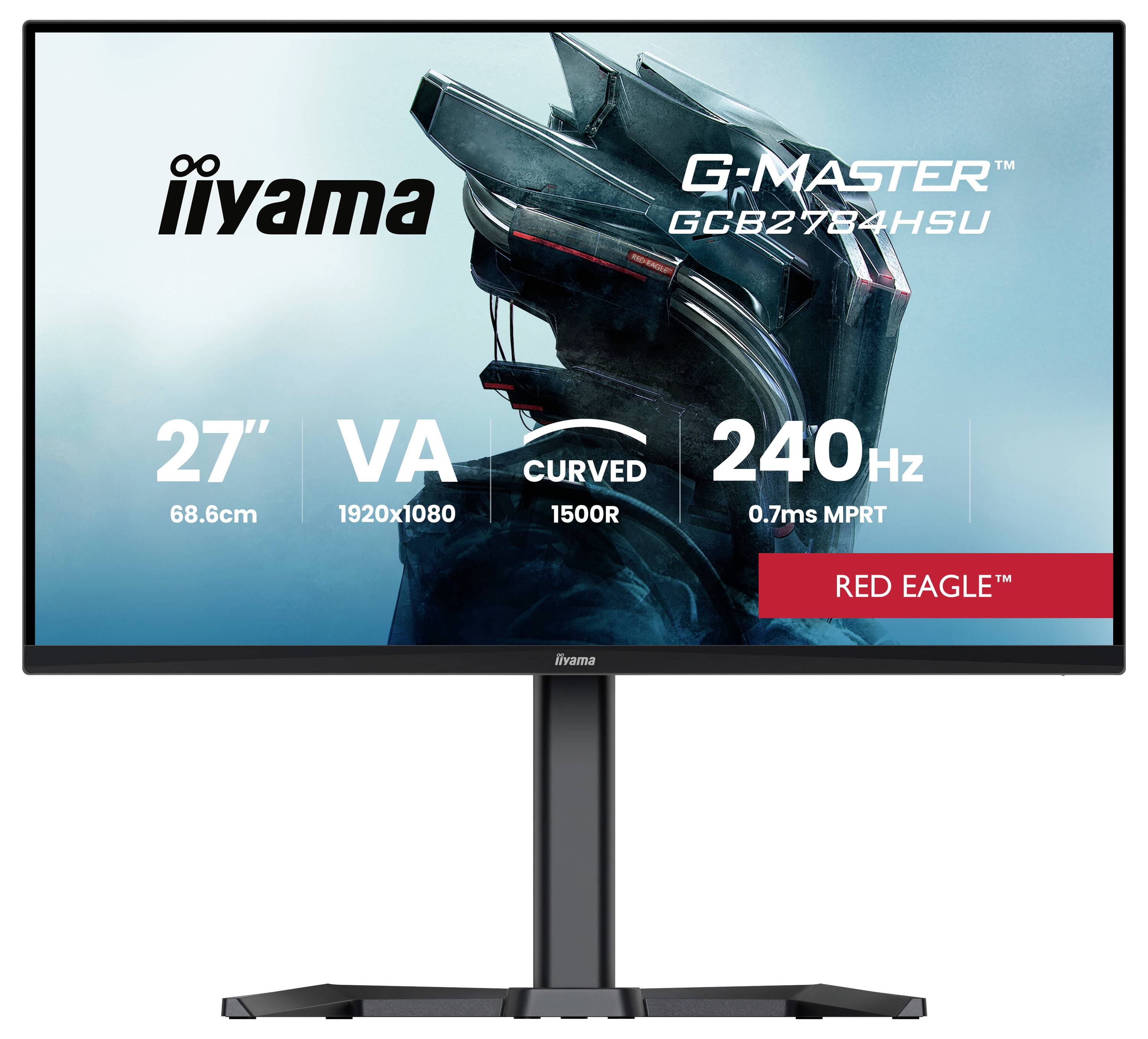Iiyama G-MASTER gebogener Gaming-Monitor auf Ständer, zeigt 27-Zoll VA 1920x1080 Display mit 240 Hz, 0,7 ms MPRT und Red Eagle Branding.
