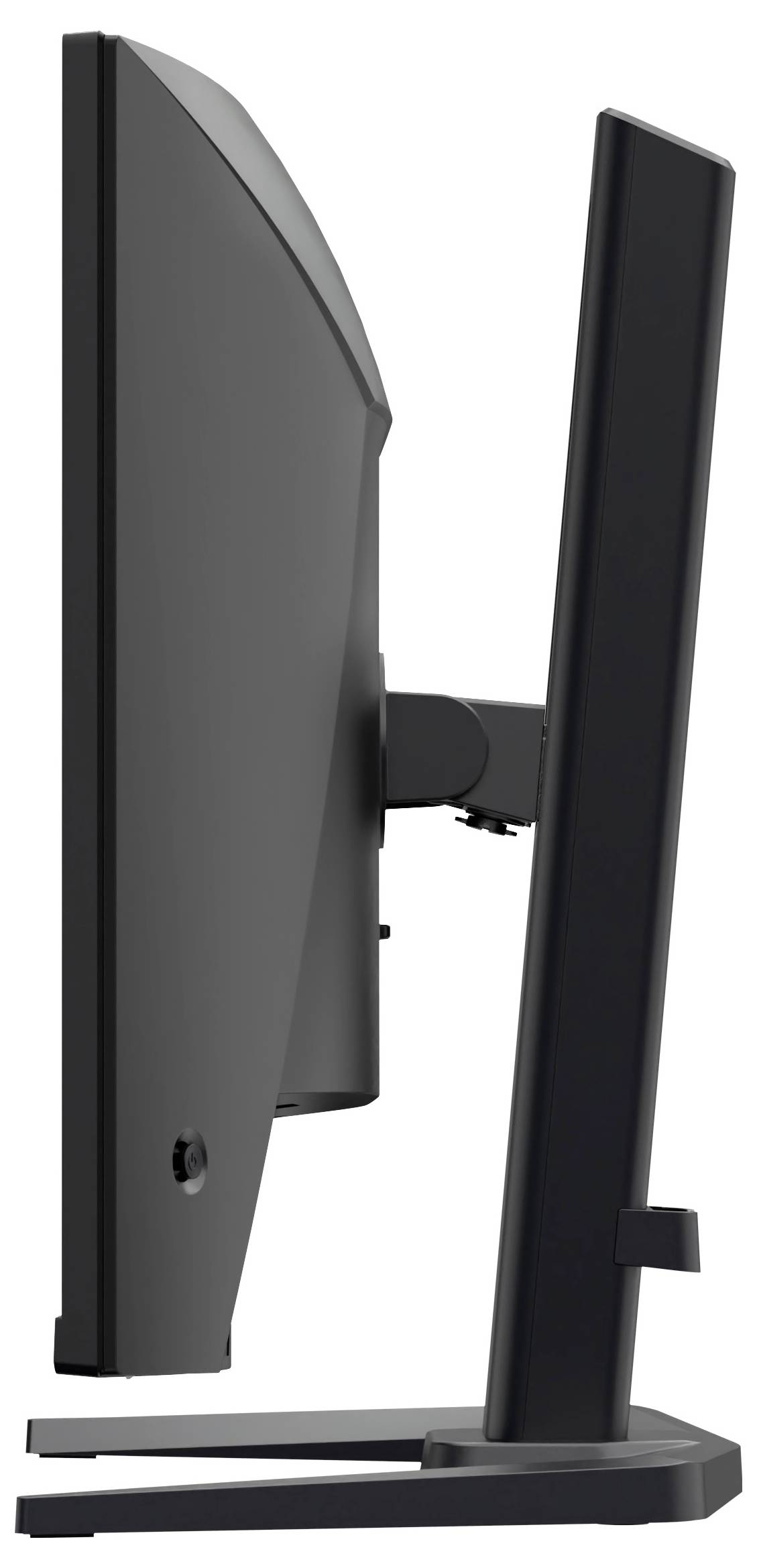 Seitenansicht eines schwarzen Computermonitors auf einem Ständer, der den Bildschirm und das hintere Gehäuse vor einem einfachen weißen Hintergrund zeigt.