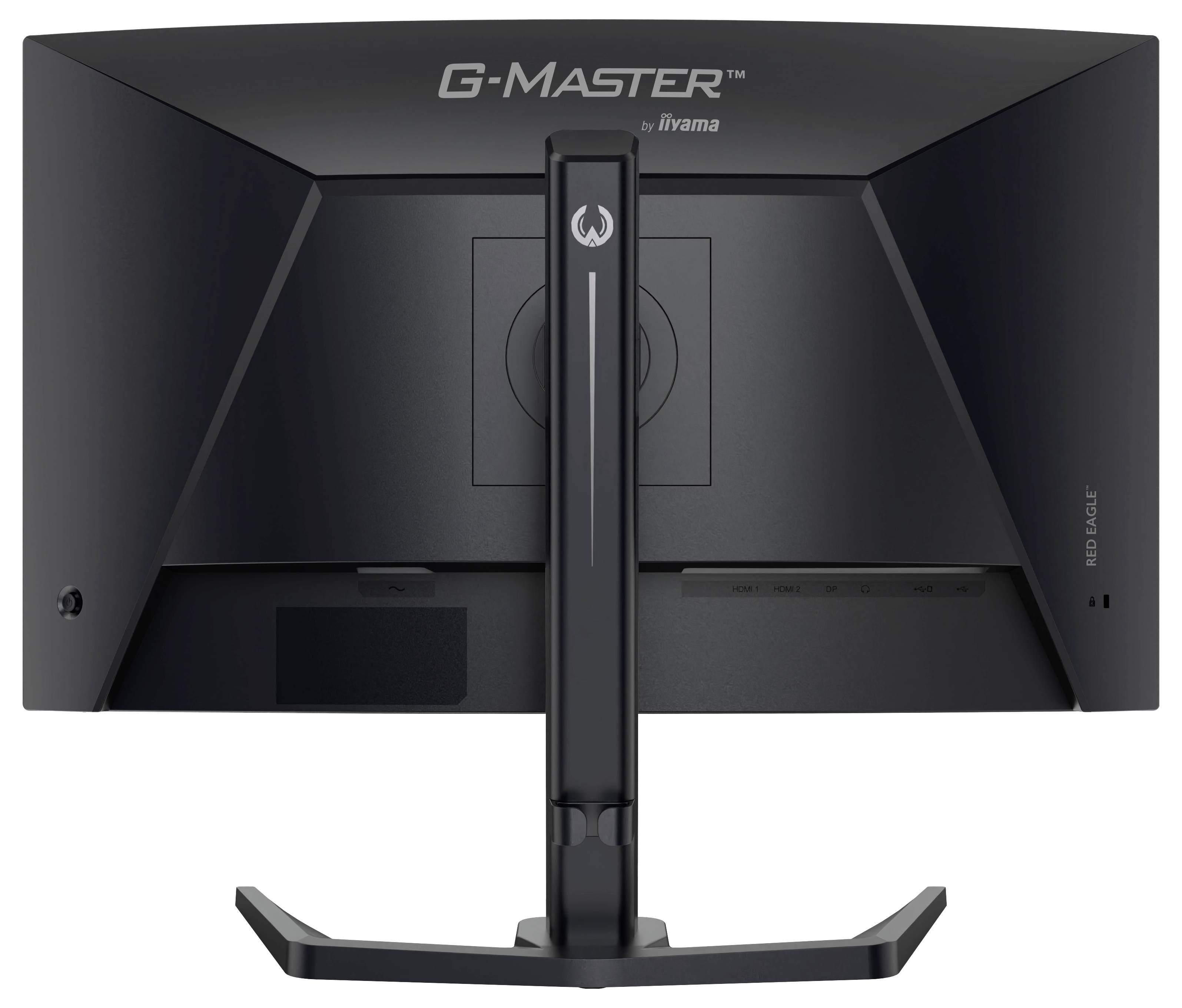 Rückansicht eines schwarzen iiyama G-Master Computermonitors auf einem Ständer, der die zentrale Halterung und den Kabelbereich zeigt.