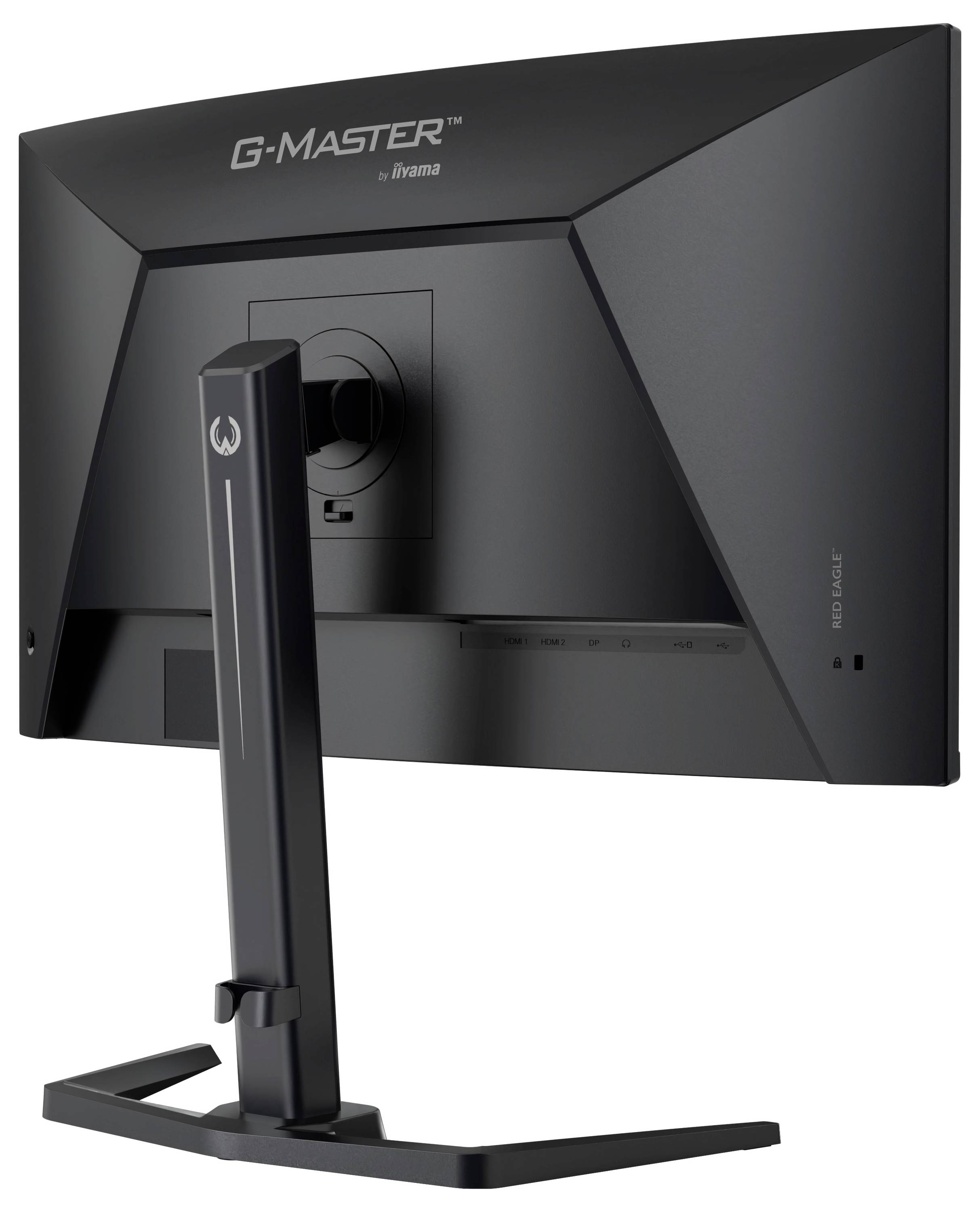 Rückansicht eines schwarzen G-MASTER iiyama Monitors auf einem Ständer, der die zentrale Halterung und den Kabelmanagement-Bereich zeigt.