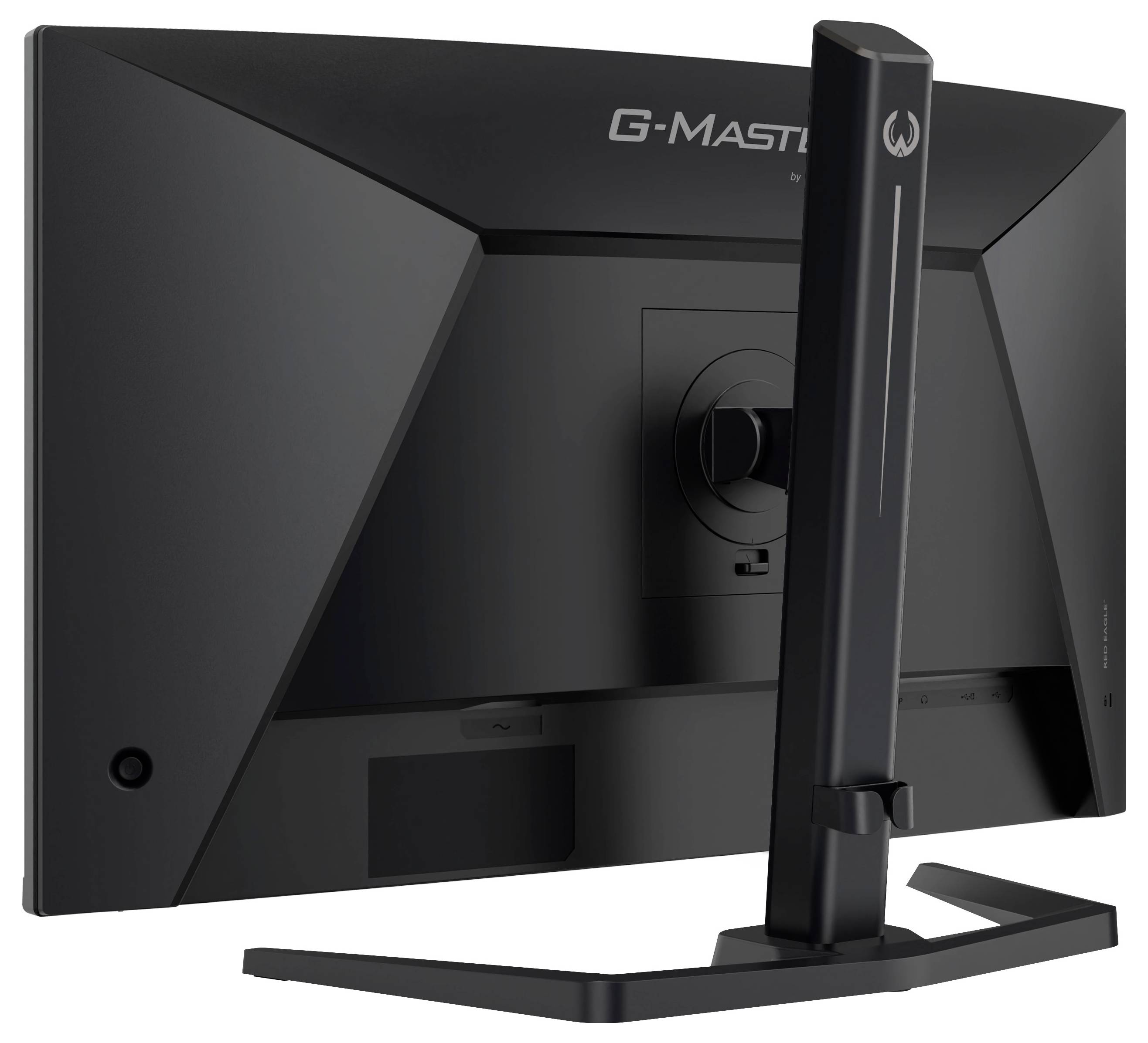 Rückansicht eines schwarzen G-MASTER-Monitors auf einem Ständer, der die Rückplatte, die zentrale Halterung und die Standbasis zeigt.