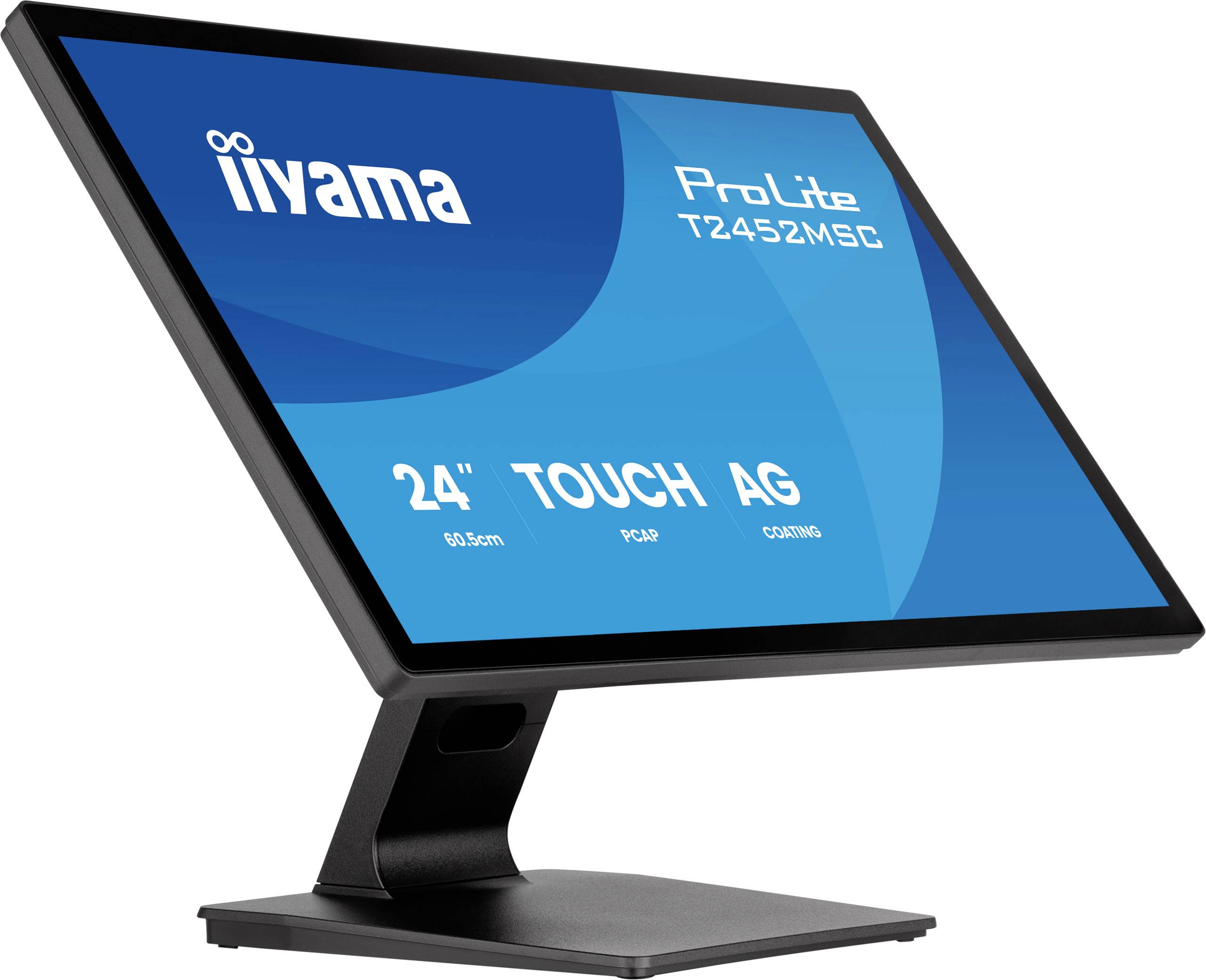 Iiyama ProLite T2452MSC 24-Zoll-Touchscreen-Monitor auf einem Ständer, schräg auf weißem Hintergrund dargestellt.