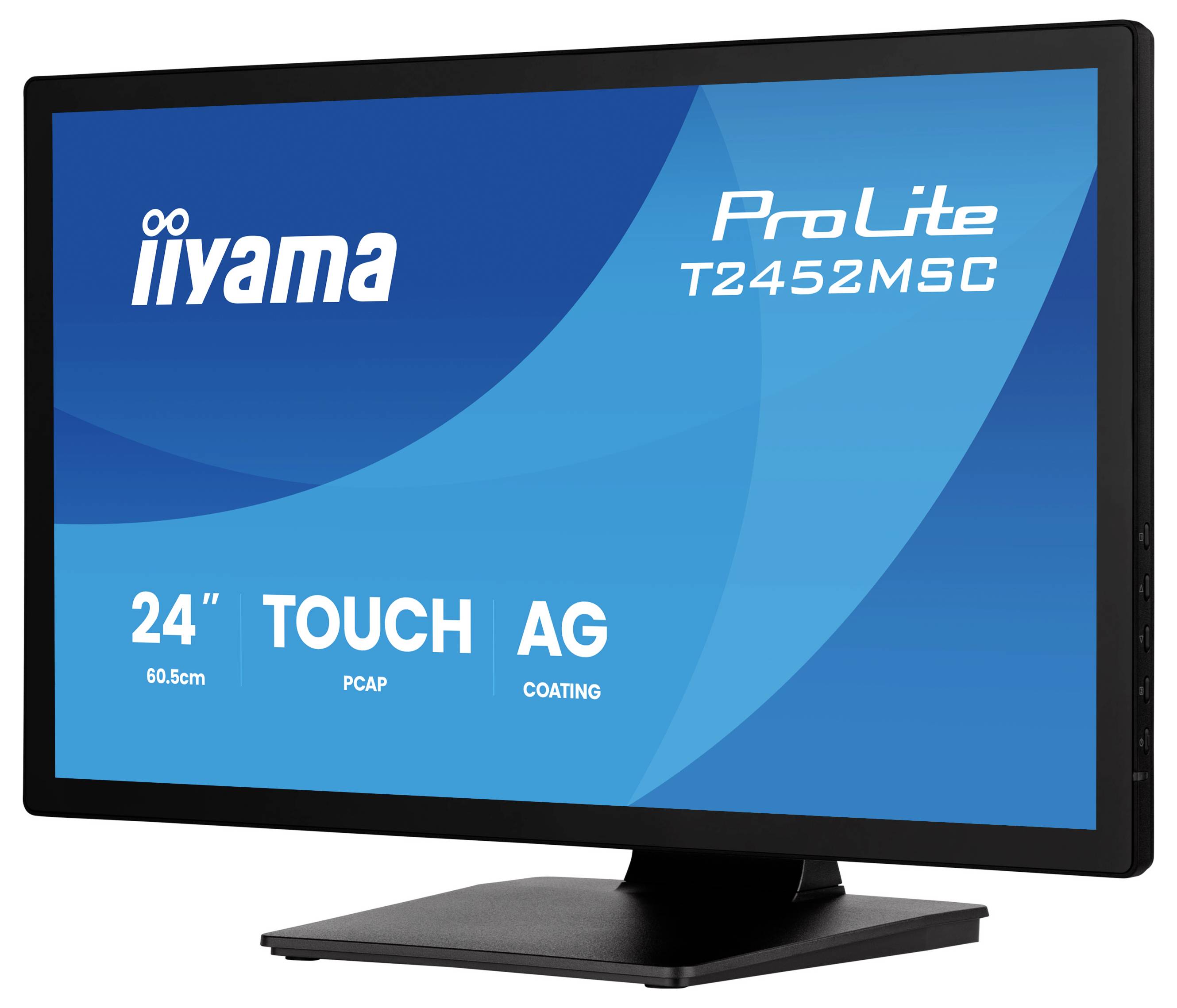 Produktbild eines iiyama ProLite T2452MSC 24-Zoll-Touchscreen-Monitors mit blauem Display und Ständer.