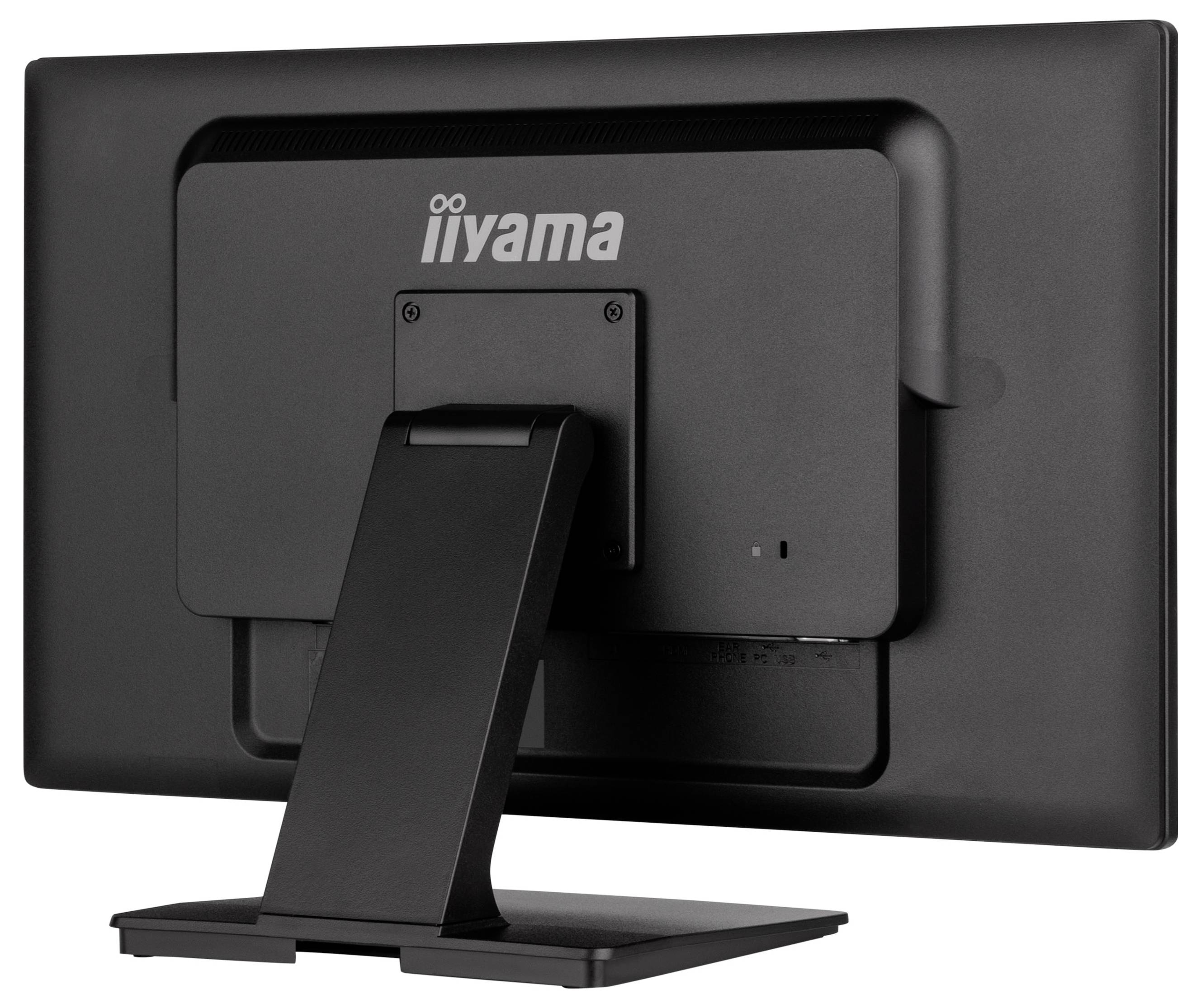 Rückansicht eines schwarzen iiyama-Computermonitors auf einem Ständer, der das hintere Montagepanel und den Kabelbereich zeigt.