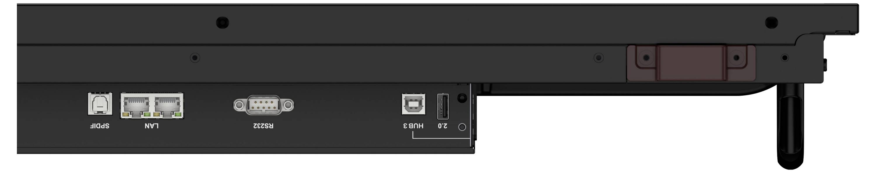 Nahaufnahme der Unterseite eines Laptop-Docks oder einer Laptop-Ständerhalterung mit beschrifteten Anschlüssen und einem Stützfuß auf der rechten Seite.