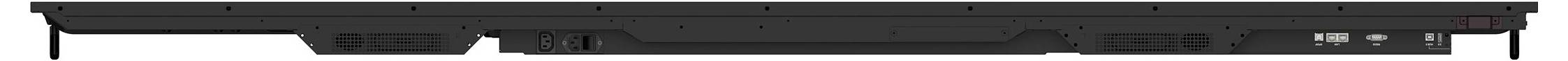 Ein schwarzer Laptop oder eine Tastaturkante von vorne gesehen, zeigt einen dünnen horizontalen Streifen mit kleinen Indikatorsymbolen in der Nähe der Mitte.
