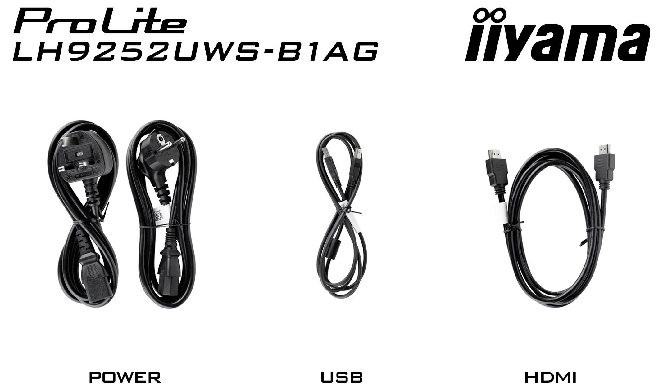iiyama ProLite LH9252UWS-B1AG Paketinhalt: Stromkabel, USB-Kabel und HDMI-Kabel mit Beschriftungen dargestellt.