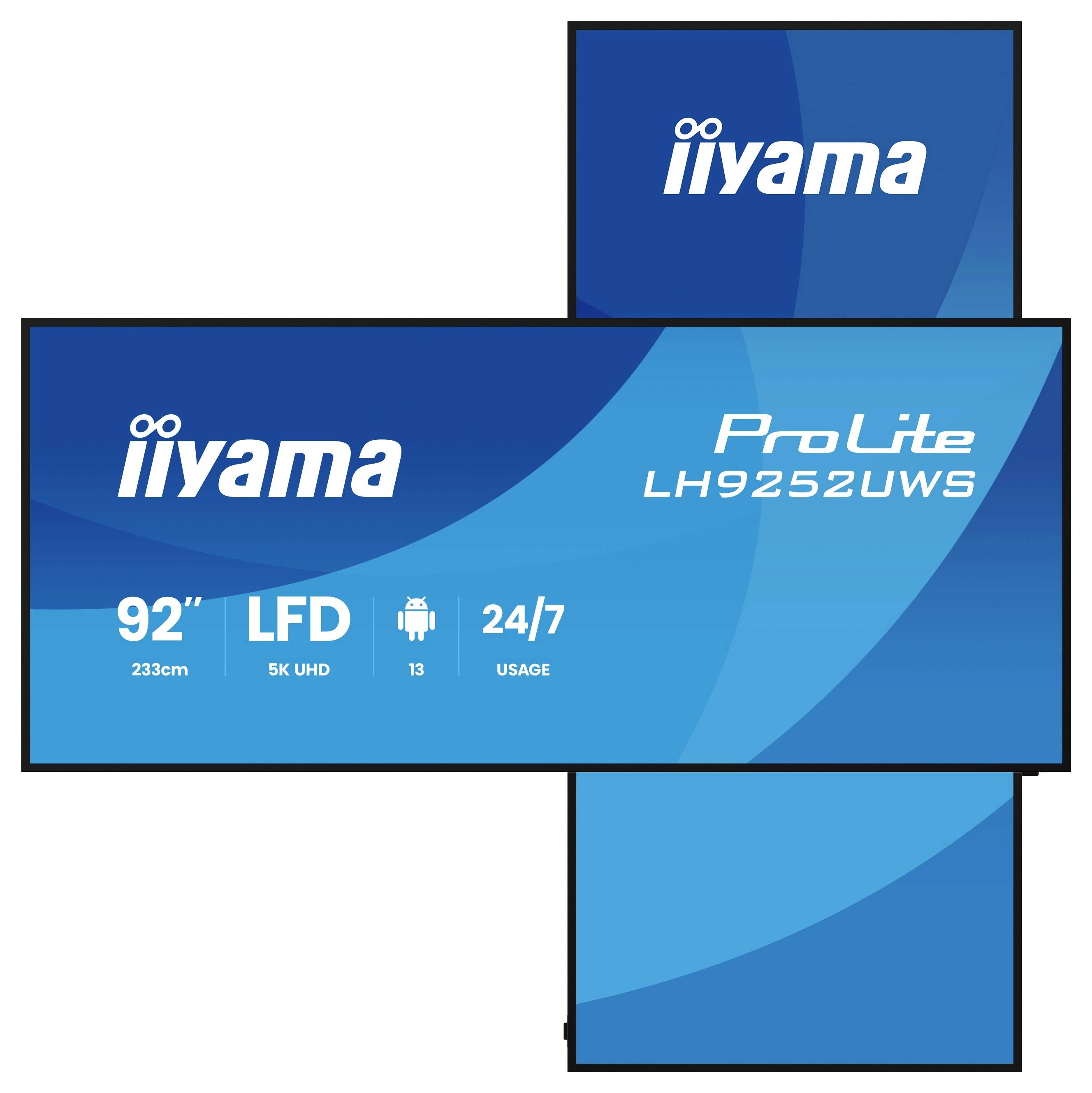 iiyama ProLite LH9252UWS Digital-Signage-Display mit 92-Zoll-5K-UHD-Bildschirm, 24/7-Nutzung und Android-Unterstützung auf blauer Verpackungsgrafik dargestellt.