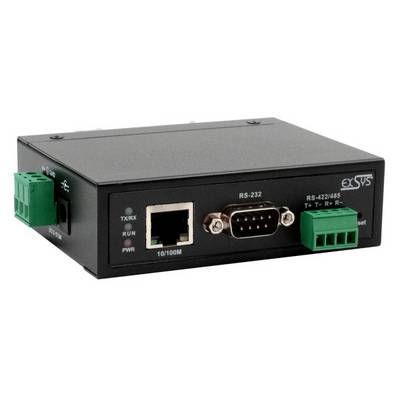 Schwarze eSYS-Industriekommunikationswandlerbox mit Ethernet-, RS-232- und RS-422/485-Anschlüssen auf der Frontplatte.