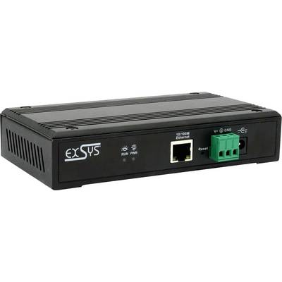 Frontansicht eines exSYS-Industriegeräts mit Ethernet-Anschluss, Reset-Taste und grünen Stromklemmen, gezeigt auf weißem Hintergrund.