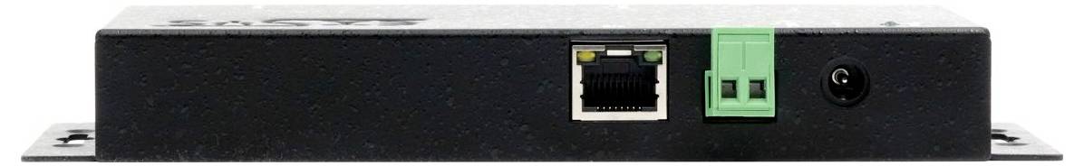 Schwarze Netzwerkschnittstellen-Box mit Ethernet-Anschluss, grünem Terminalstecker und Stromversorgungsbuchse auf der Frontplatte.