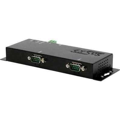 Schwarzes Metall-Dual-Seriell-Port-Adapter-Box mit zwei DB9-Anschlüssen und Befestigungsflansche an jedem Ende.
