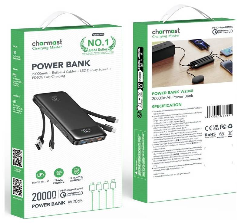 Verpackung für eine Charmast „Power Bank" mit 20000mAh tragbarem Ladegerät, das das Gerät, integrierte Kabel, LED-Display und Ladeangaben zeigt.