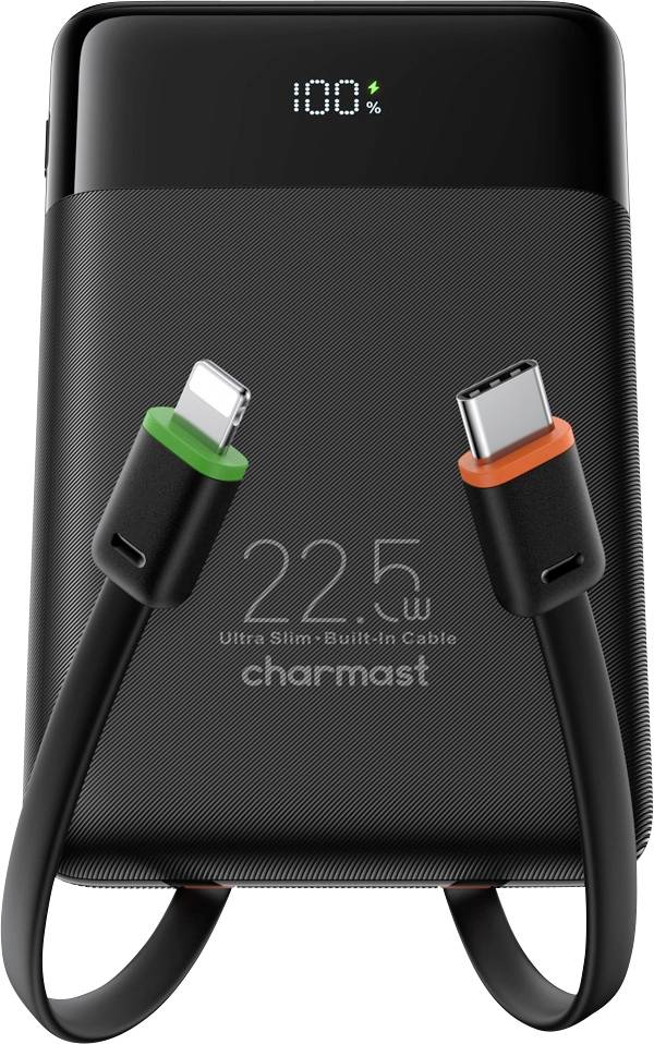 Tragbares Netzteil mit integriertem USB-C-Kabelanschlüssen, zeigt 100% Ladung und '22,5W Ultra Slim 8-in-1 Kabel' von Charmast.