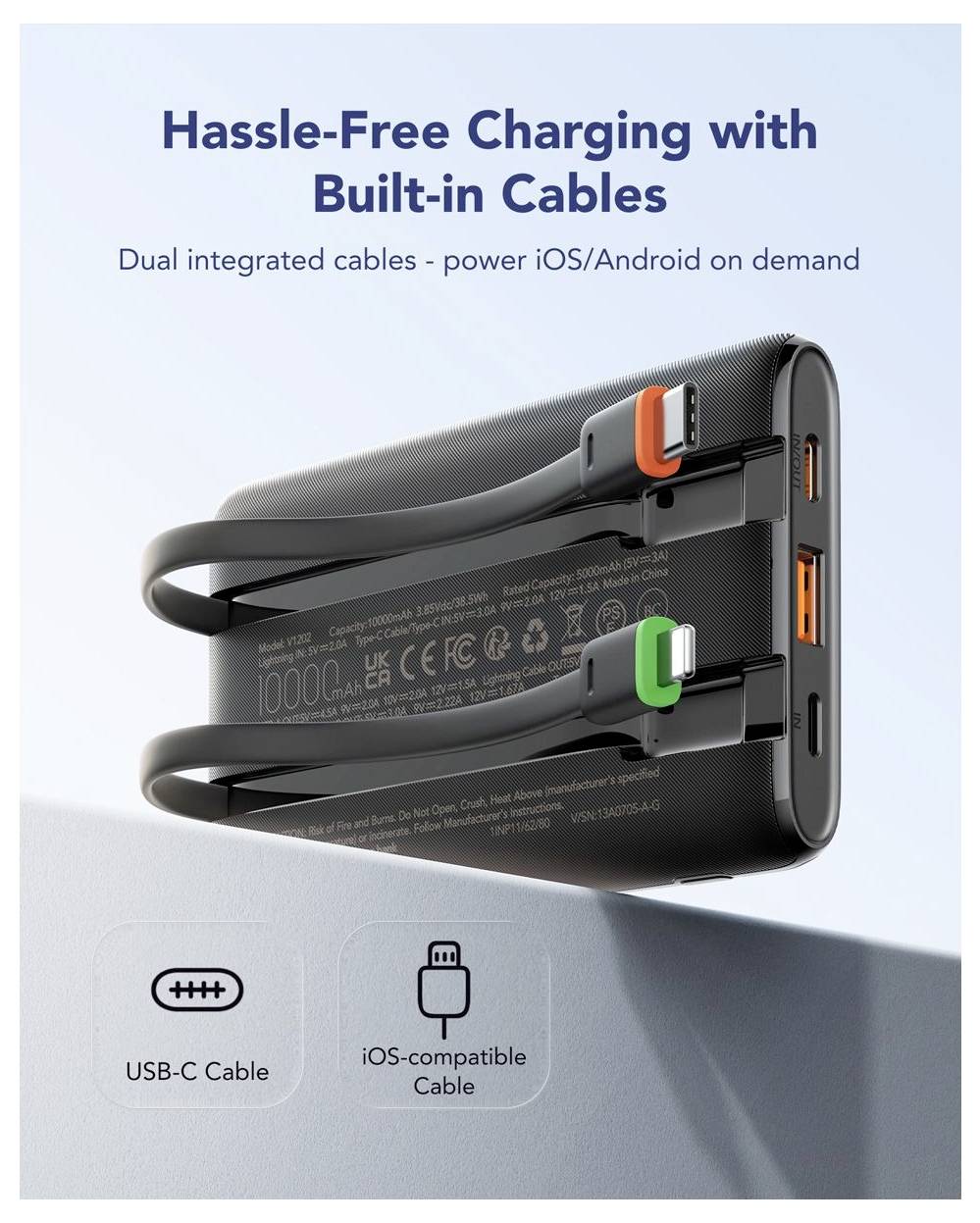 Werbebild einer tragbaren Powerbank mit integrierten USB-C- und iOS-Ladekabeln, mit der Aufschrift „Sorgenfreies Laden mit integrierten Kabeln" und „Dual integrierte Kabel - iOS/Android bei Bedarf mit Strom versorgen".