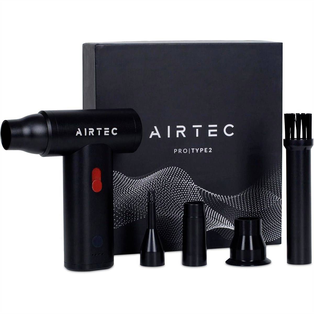 AIRTEC PROTYPE2 Haartrockner-Set mit schwarzem Haartrockner, Box und vier Styling-Aufsätzen auf weißem Hintergrund.