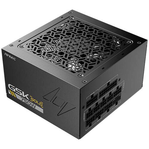 Schwarzes Antec GSX Gold 750W Computernetzteil mit belüfteten oben Gitter und modularen Kabelanschlüssen.