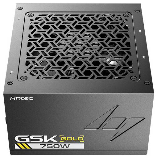 Antec GSK Gold 750W Computernetzteile, von oben und vorne gezeigt mit einem belüfteten oberen Gitter und Branding auf der Seite.
