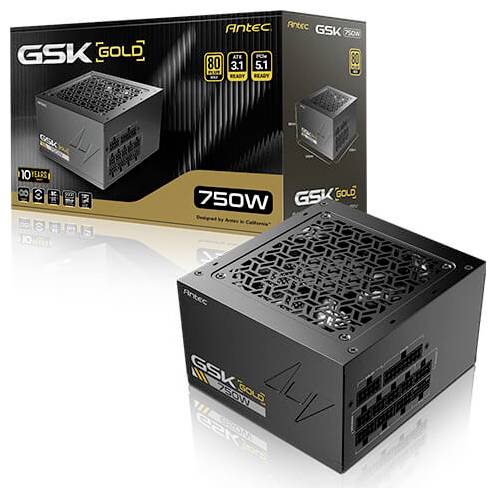 Ein schwarzes modulares Antec GSK Gold 750W Netzteil wird mit seiner Einzelhandelsverpackung gezeigt und hebt die 80 Plus Gold Effizienz hervor.
