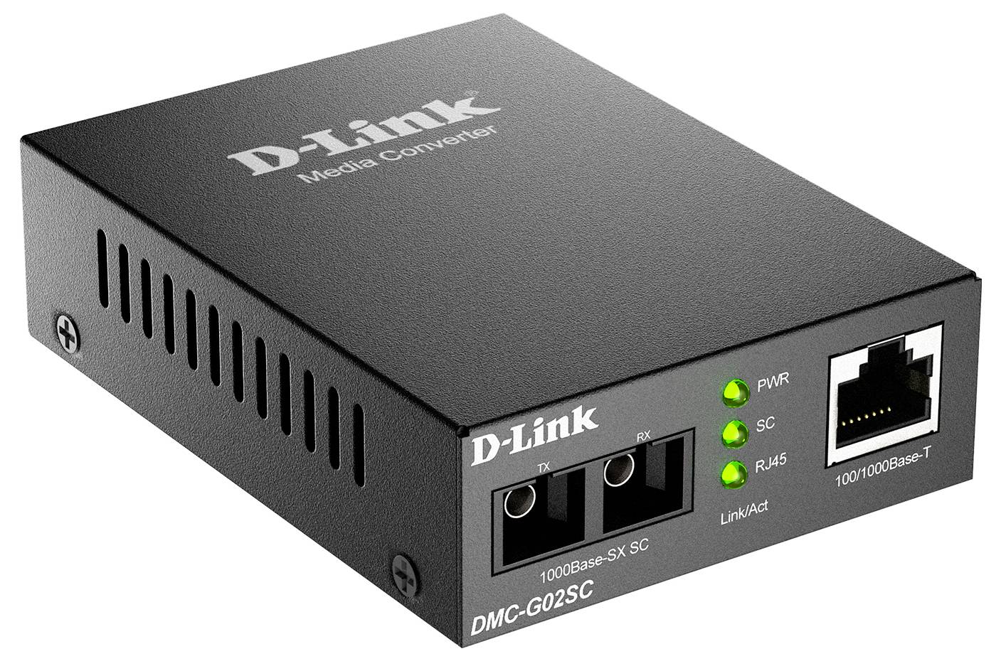 Schwarze D-Link Media-Converter-Box mit der Bezeichnung DMC-G02SC mit LED-Indikatoren und einem Ethernet-Anschluss auf der Frontplatte.