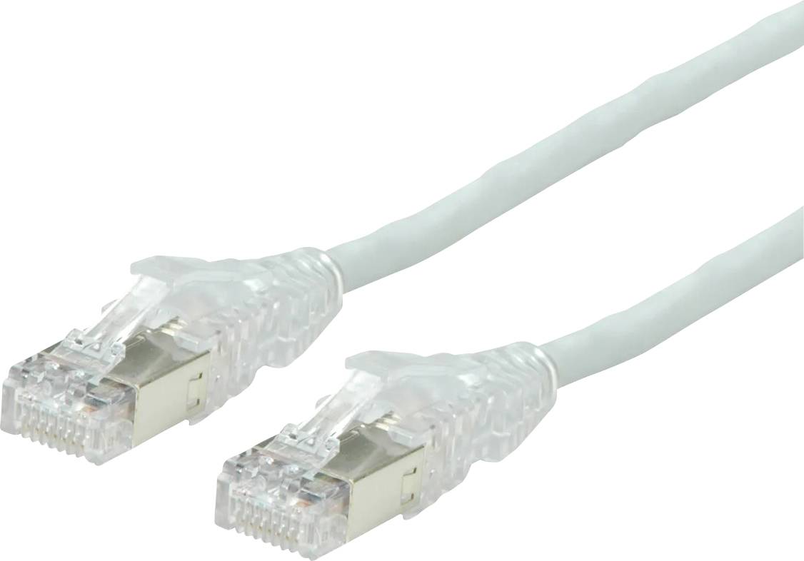 Zwei durchsichtige Ethernet-Netzwerkkabel mit RJ45-Steckern auf weißem Hintergrund.