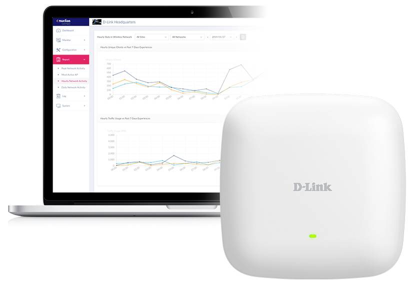 Ein D-Link-Netzwerkverwaltungs-Dashboard auf einem Laptop neben einem weißen D-Link-Wireless-Zugangspunkt, der Liniengrafiken für Netzwerkaktivität und Datenverkehrsüberwachung anzeigt.