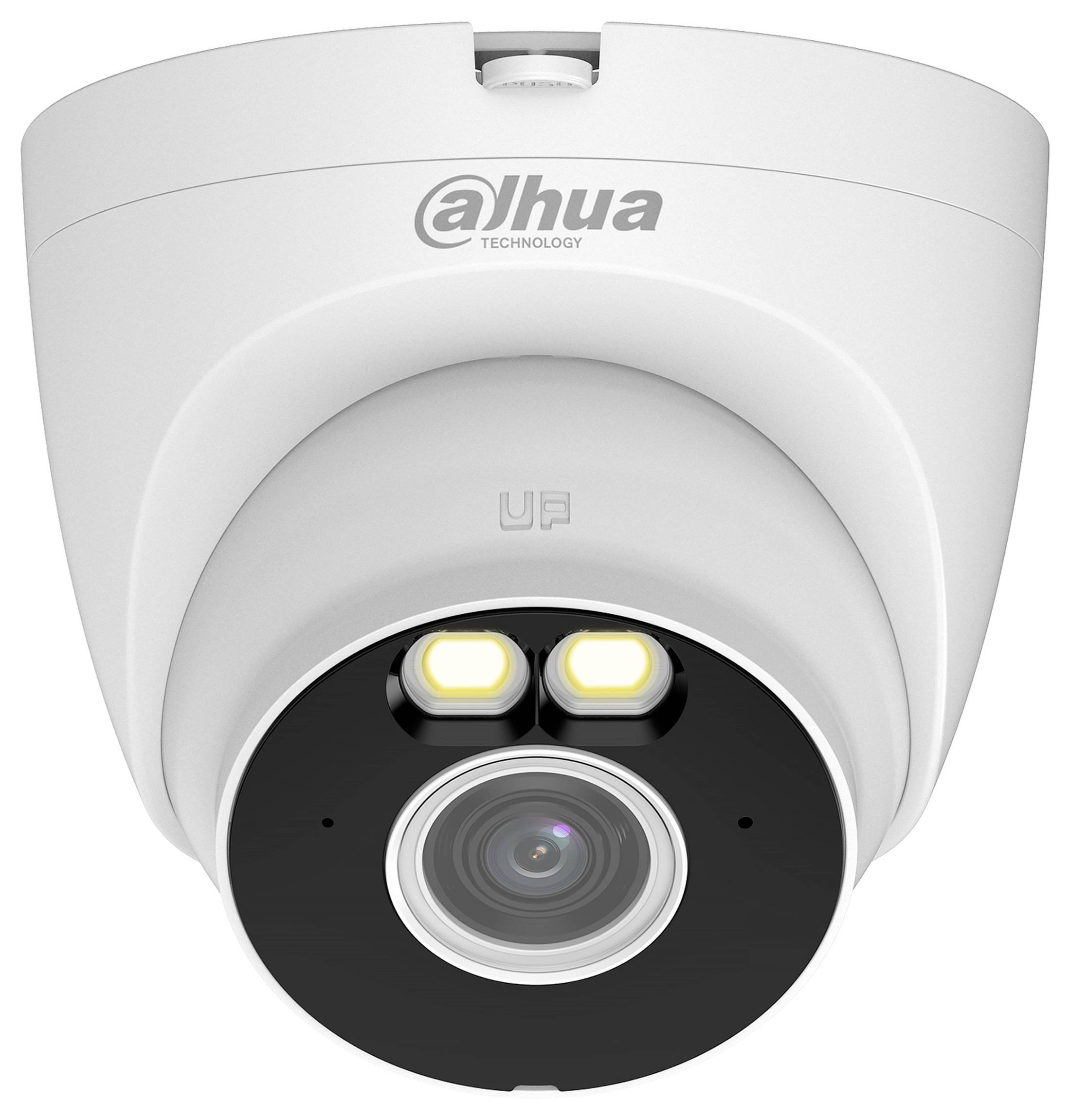 Weiße Dahua Technology Sicherheitskamera mit dualen LED-Leuchten und zentralem Objektiv, frontal auf einfachem Hintergrund dargestellt.