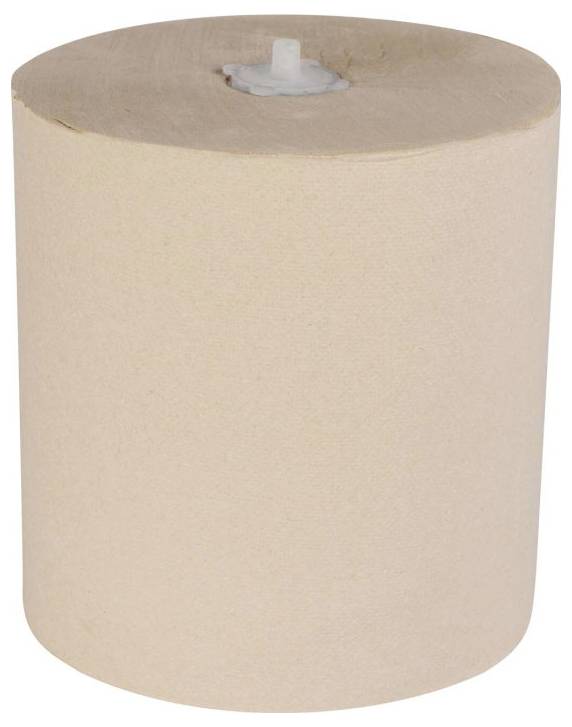 Eine große Rolle beige Papiertücher oder Tissue mit einem Kartonkern, isoliert auf weißem Hintergrund dargestellt.