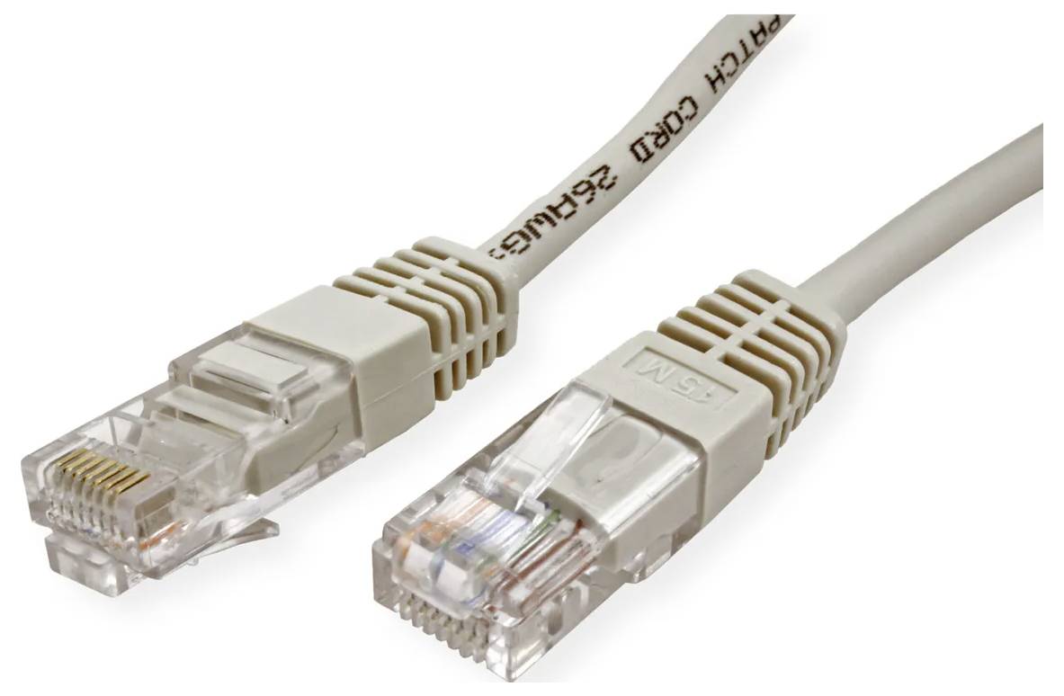 Zwei beige Ethernet-Kabel mit durchsichtigen RJ45-Steckern auf weißem Hintergrund.