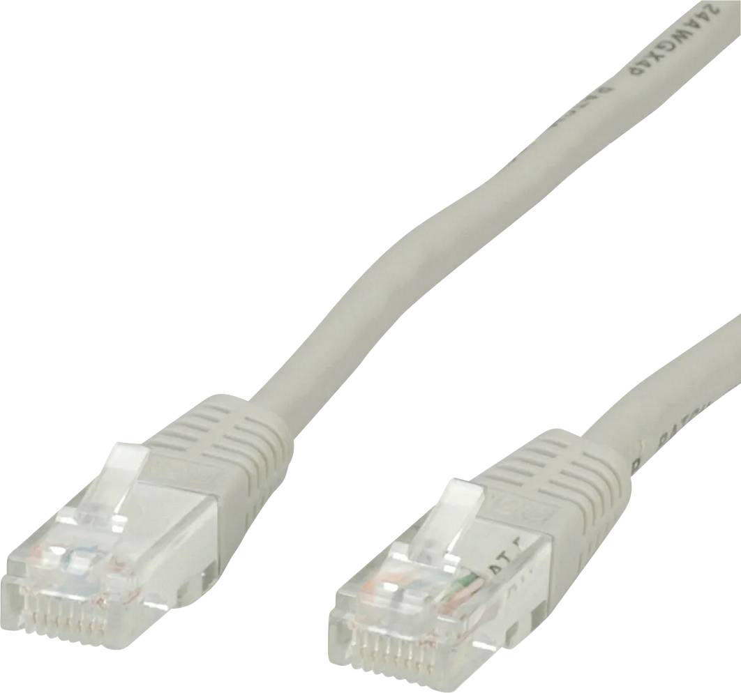 Zwei graue Ethernet-Kabel mit RJ45-Steckern auf weißem Hintergrund.
