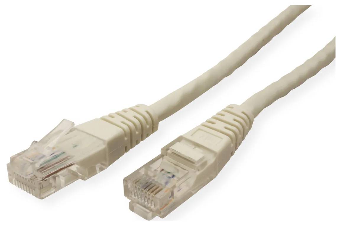 Nahaufnahme von zwei beigen Ethernet-Netzwerkkabeln mit RJ45-Steckern auf weißem Hintergrund.